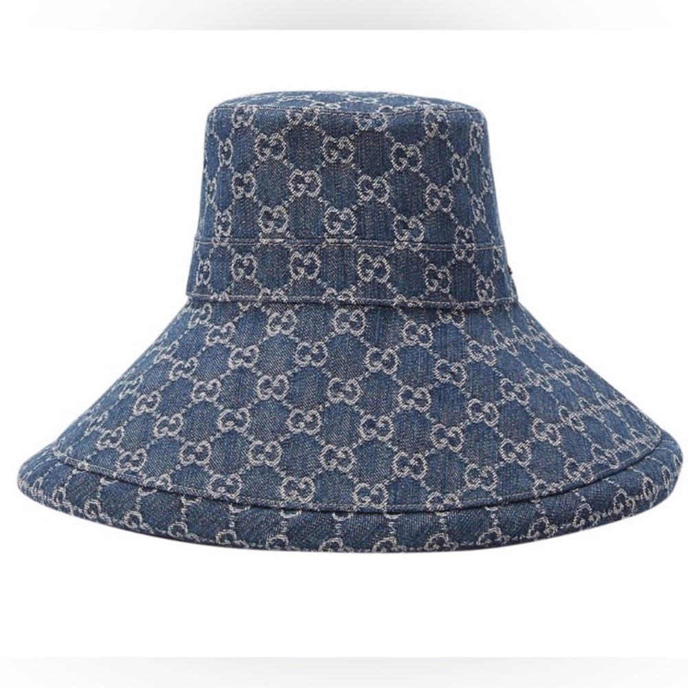 Denim Monogram Bucket Hat w Wide Large Brim Trim Jacquard Sun Coverage Navy Blue - Picture 10 of 16